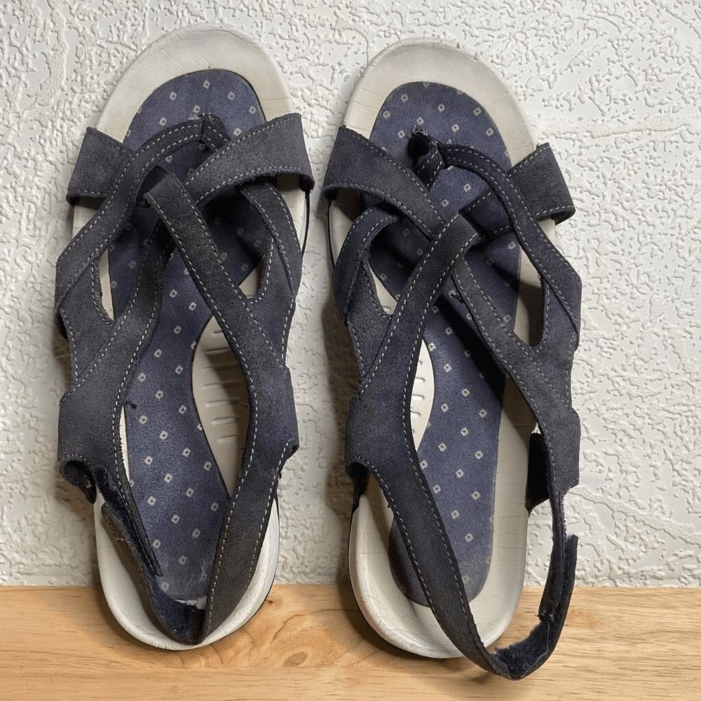 Lands' End Blue/Gray Strappy Flat Comfort Sandals Woman‎ 9B China Suede